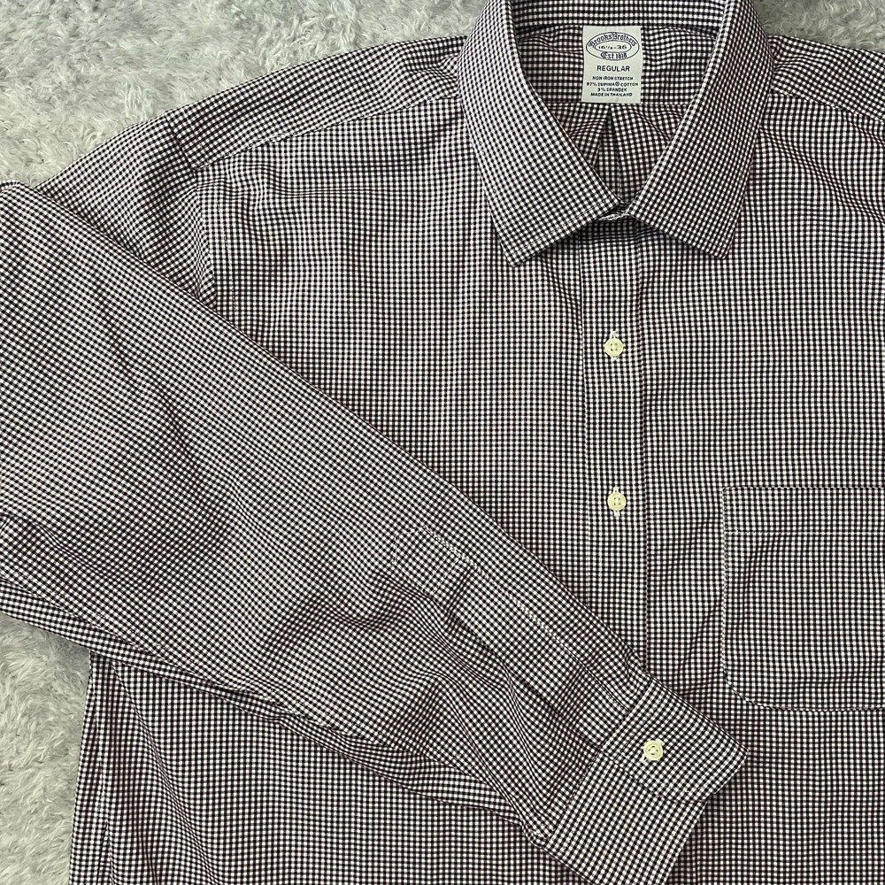 Brooks Brothers Dress Shirt 16.5 36 Regular Non-Iron Stretch Supima Gingham Red